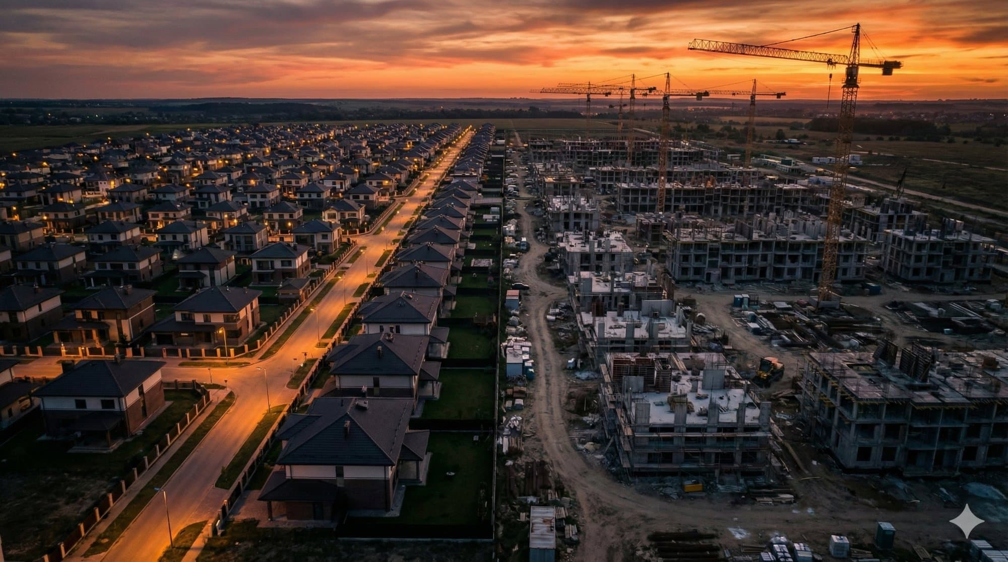 Aerial view of a residential development under construction at sunset