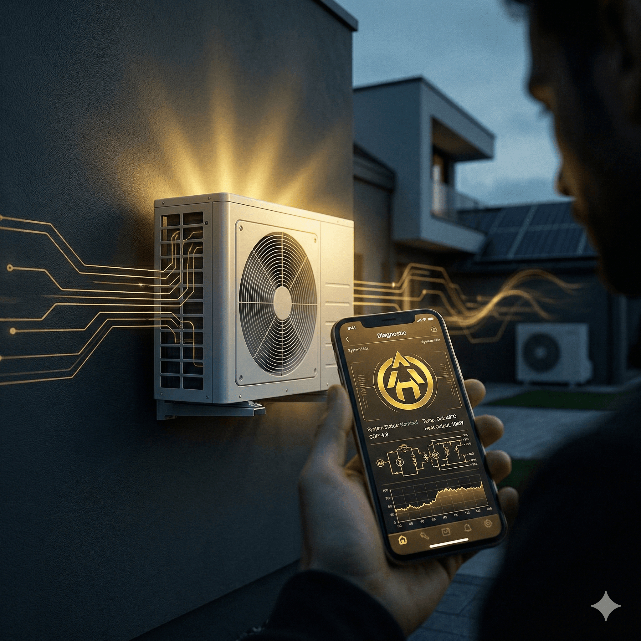 Heat pump unit installed against an exterior wall at golden hour