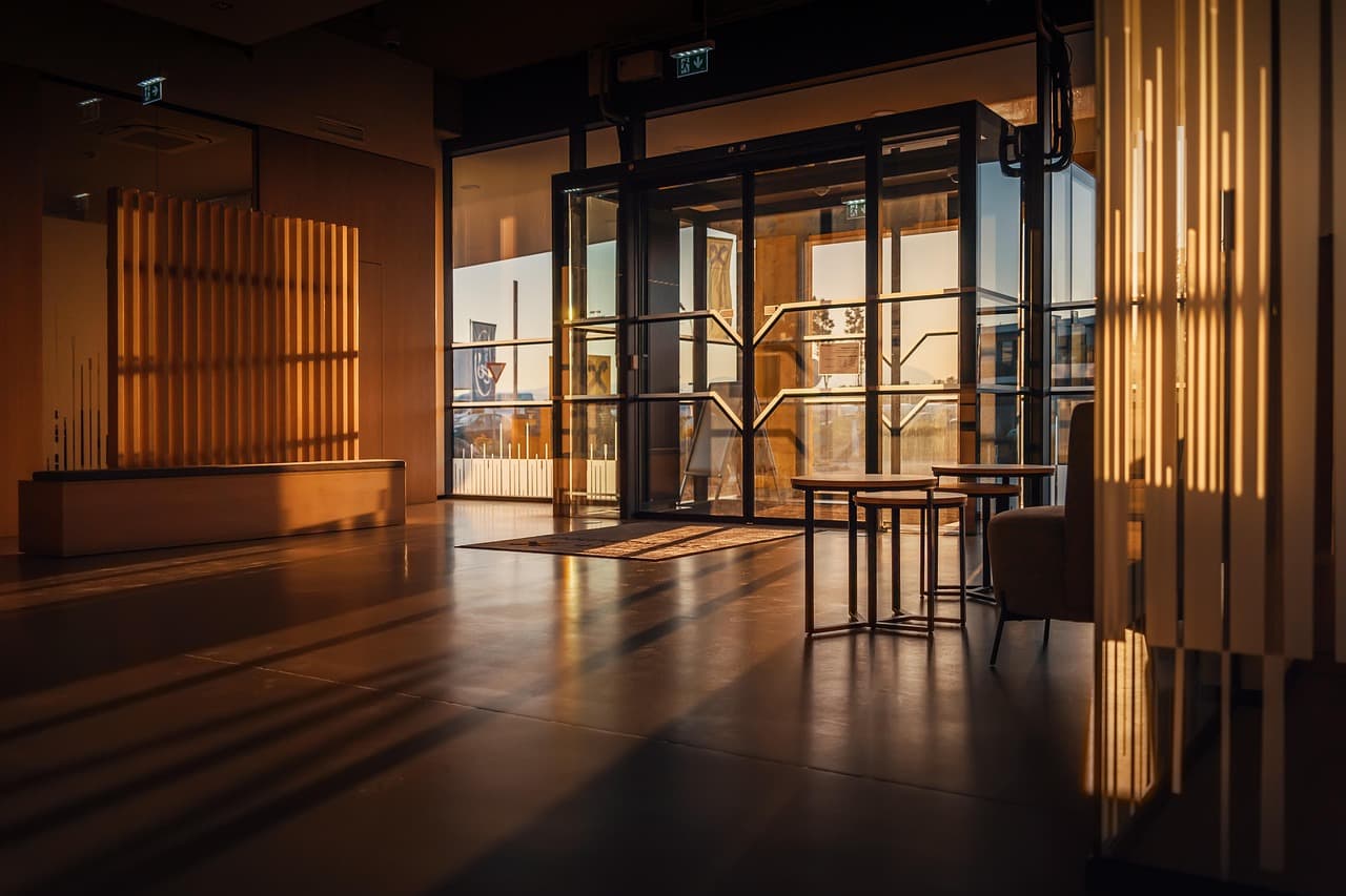 Modern home interior at golden hour