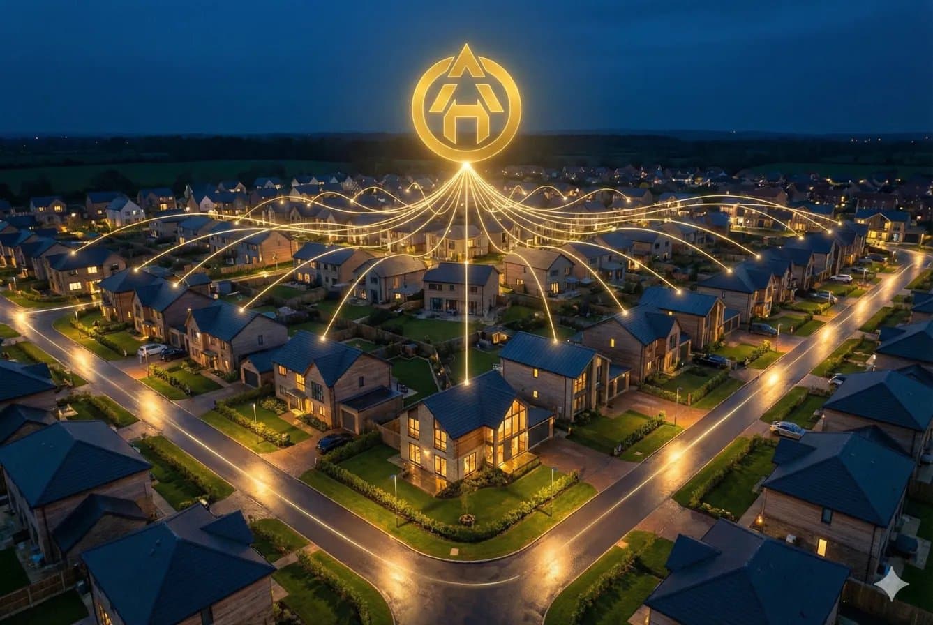 Aerial view of a residential development at golden hour, connected lines suggesting a platform
